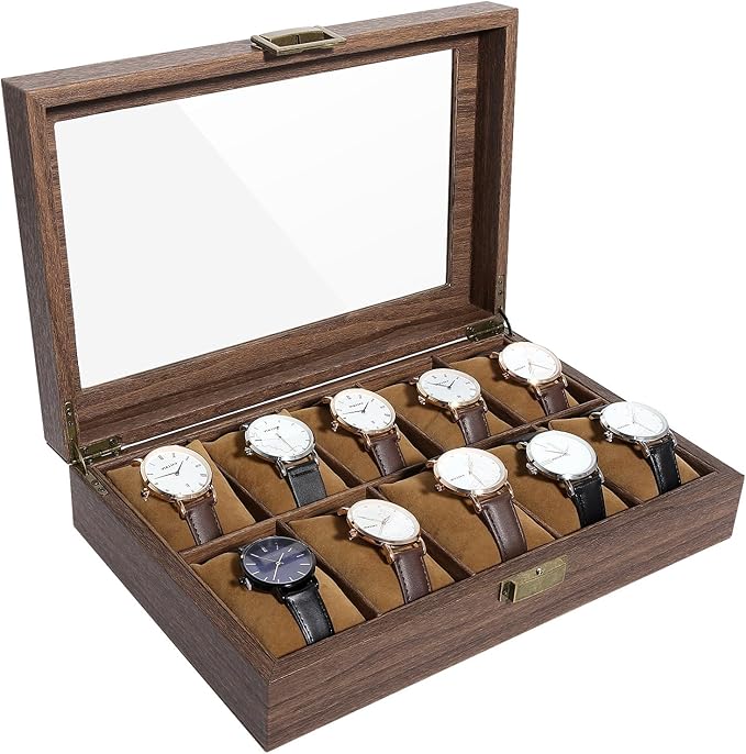 Uten Watch Box 10 Slots, Watch Case Organizer with Real Glass Lid, Wood Grain PU Leather Watch Display Storage Box with Removable Imitation Suede Watch Pillows, Metal Clasp