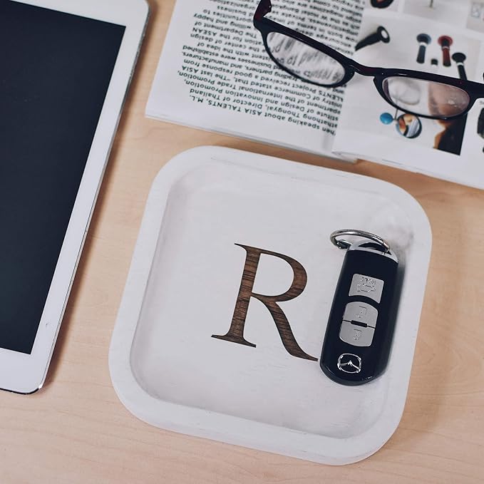 I'm Wooden Personalized Letter Catchall Valet Tray Trinket Dish Jewelry Tray Key Bowl Decorative Plate Organizing Ring Earrings Necklaces Bracelet Watch Coins Wallet Holder (6"x6" Sq White R)