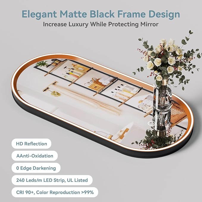 Led Bathroom Mirror with Lights, 20'' x 43'' Oval Heavy Duty Aluminum Frame Bathroom Vanity Mirror with Lights, 3 Colors, Brightness Stepless Dimmable, Anti-Fog, Memory Function, Single LED Orange