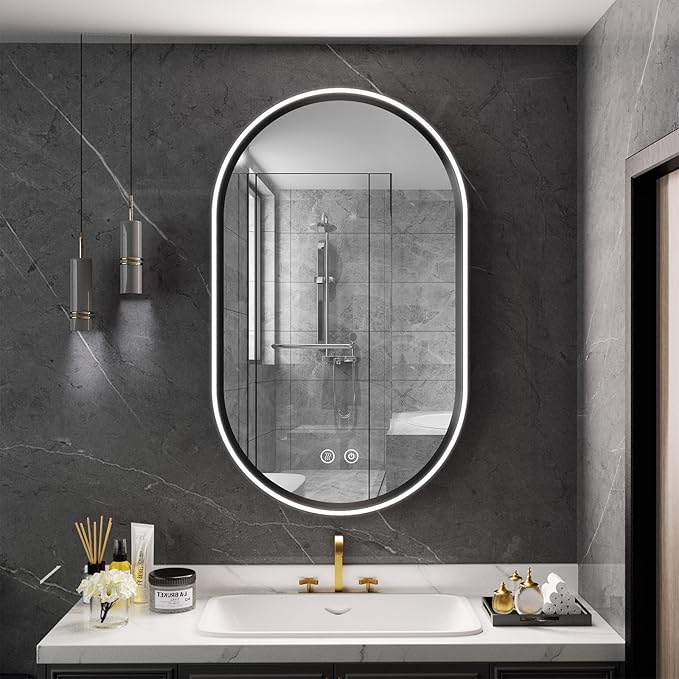 Led Bathroom Mirror with Lights, 24'' x 40'' Oval Heavy Duty Aluminum Frame Bathroom Vanity Mirror with Lights, 3 Colors, Brightness Stepless Dimmable, Anti-Fog, Memory Function, Single LED Black