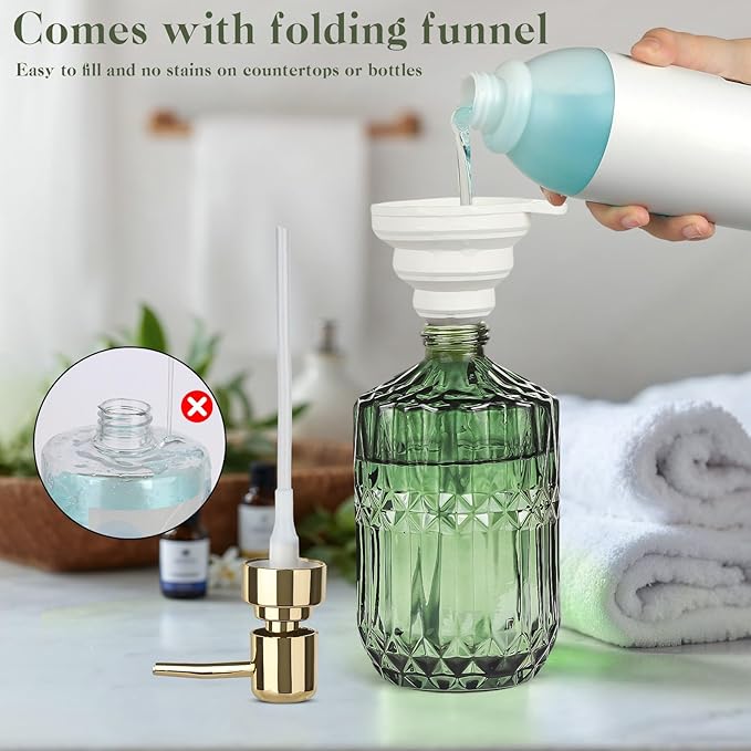 6 Pack Glass Soap Dispenser with Pump 15.2 oz Refillable Liquid Hand Soap Dish Soap Dispensers Vintage Soap Dispenser Liquid Bottle for Kitchen Sink Bathroom Counter(Green,Gold Pump Head)