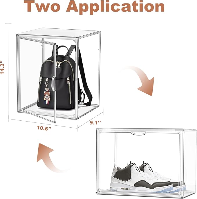 4 Pack Clear Shoe Box Organizer,Size 14 Acrylic Display Cases for Book Cosmetic Figures Collectibles Showcase,X-Large Bag Stackable Plastic Storage Bins with Magnetic Lid