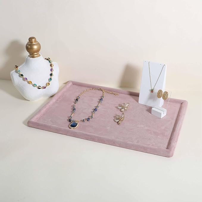 Rectangle Jewelry storage organizer plate, Velvet Jewerly display tray, Empty showcase tray for Necklace Bracelet Ring Earring【Pink-Large, 17.7 x 11.8 in 】