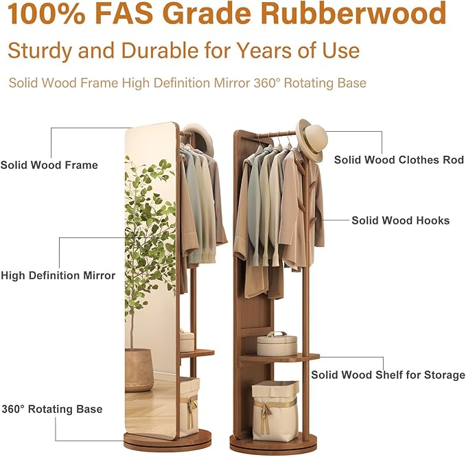 70"x19"Full Length Mirror with Stand,Coat Rack with Mirror,Solid Wood Floor Mirror,Swivel Mirrorfor Bedroom, Living Room, Cloakroom