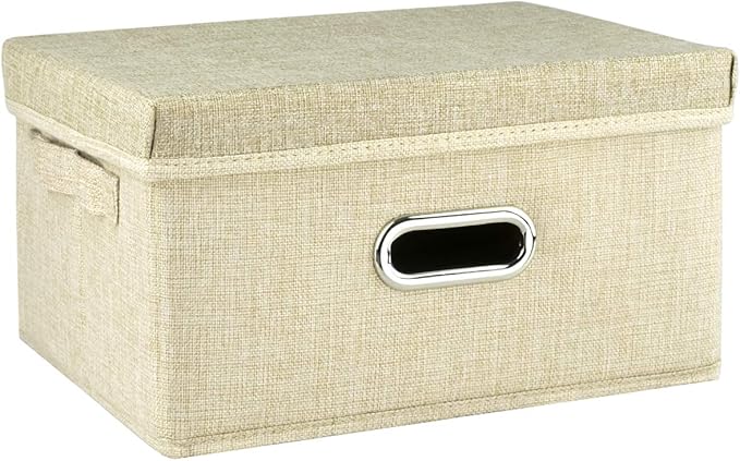 Collapsible Fabric Storage Box with Lid and Handles, Linen Storage Containers, Nursery Storage Basket for Gifts, Books, Magazines, CDs, Kids Toys, Clothes, Underwear, Makeup, 13" x 9.4" x 7", Beige