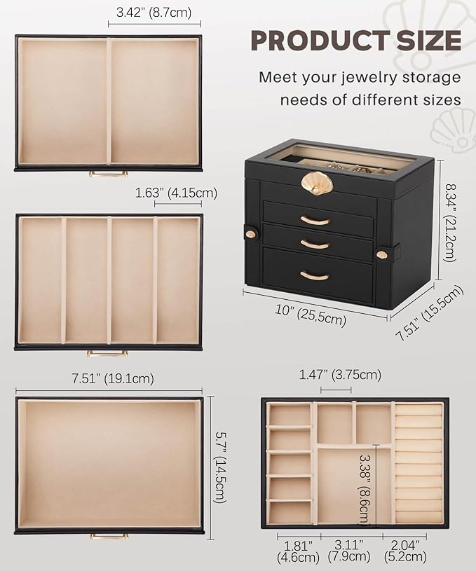 Jewelry Box with 3 Drawers: Display Organizer for Earrings Necklaces - Gifts for Girls Women (Black)