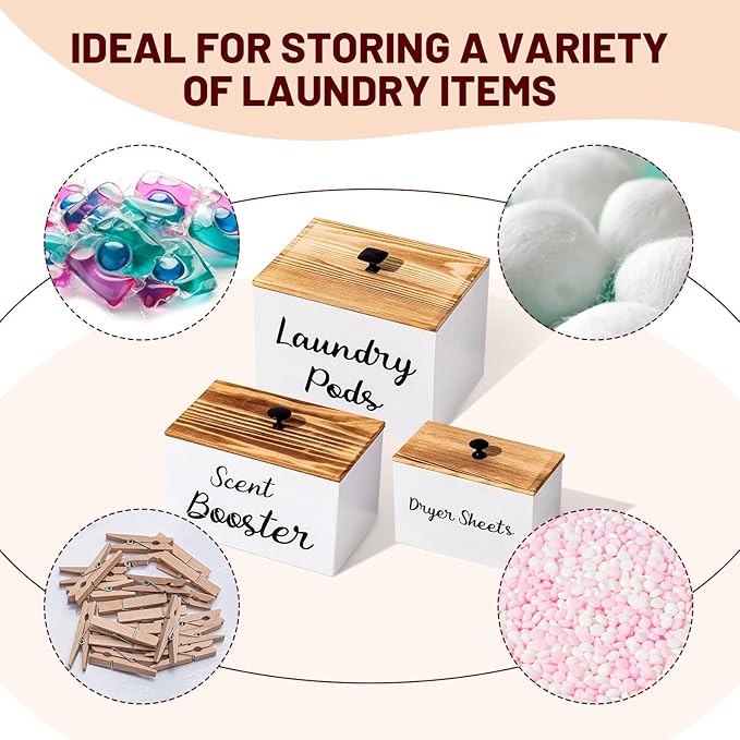 Dandat 3 Pcs Dryer Sheet Holder Laundry Pod Holder Scent Booster Container Set with Scoop Rustic Wood Dryer Sheet Container Laundry Beads Dispenser for Storage(White)