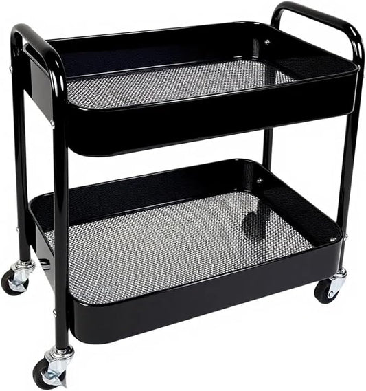 2 Tier Rolling Cart with Wheels for Under Desk Storage & Pantry Room, Large Capacity Laundry Room & Makeup Organizer, Sturdy Kitchen Utility Cart for Small Space with 4 Hooks, Black
