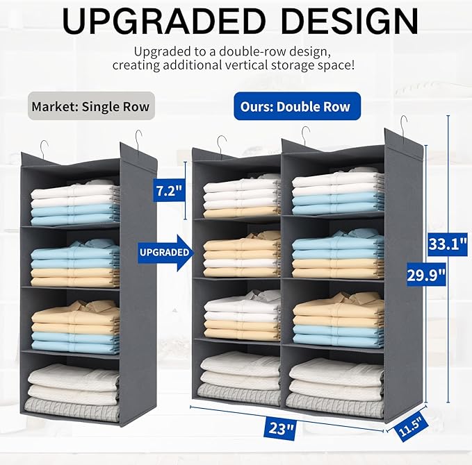 Dual-Row Hanging Closet Organizer – Foldable Clothes Storage Shelves with 3 Hooks, Space-Saving Wardrobe Organizer for Dorm Rooms, Bedroom or Closet (Grey, 4 Tier)