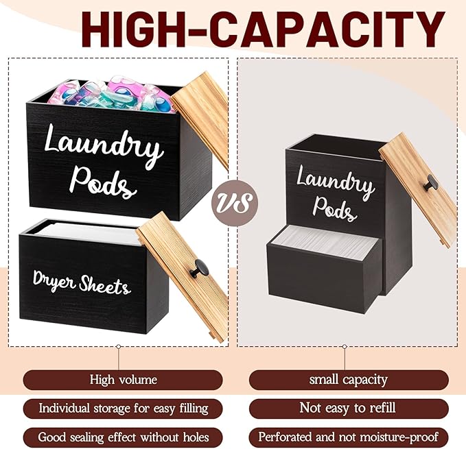 Dandat 4 Pcs Laundry Room Organization and Storage, Dryer Sheet Holder Laundry Pod Holder Scent Booster Container Magnetic Lint Bin with Scoop and Brush Wood Farmhouse Room Container(Black)