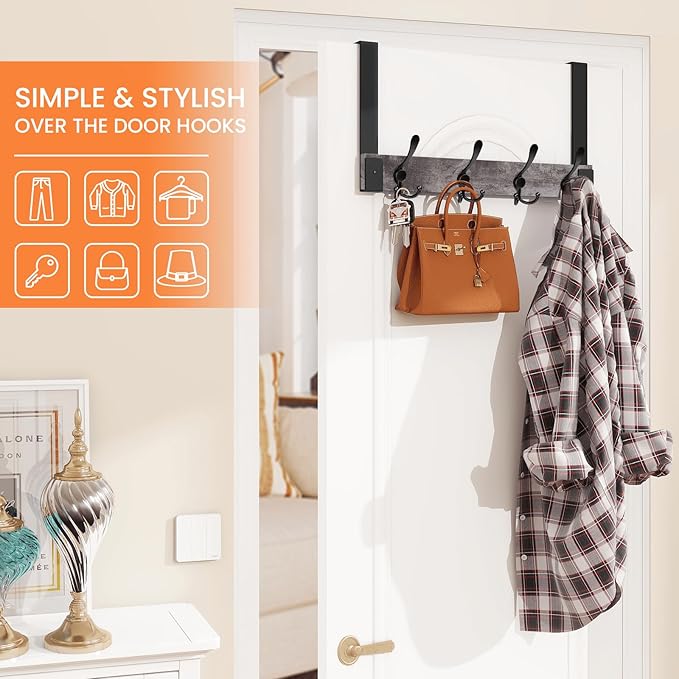Homode Over The Door Hooks Heavy Duty,Wooden Door Coat Hanger with 4 Tri Hooks, Over The Door Towel Rack for Bathroom, Back of Door Hooks for Hanging Towels, Clothes, Hats, Bags, Grey