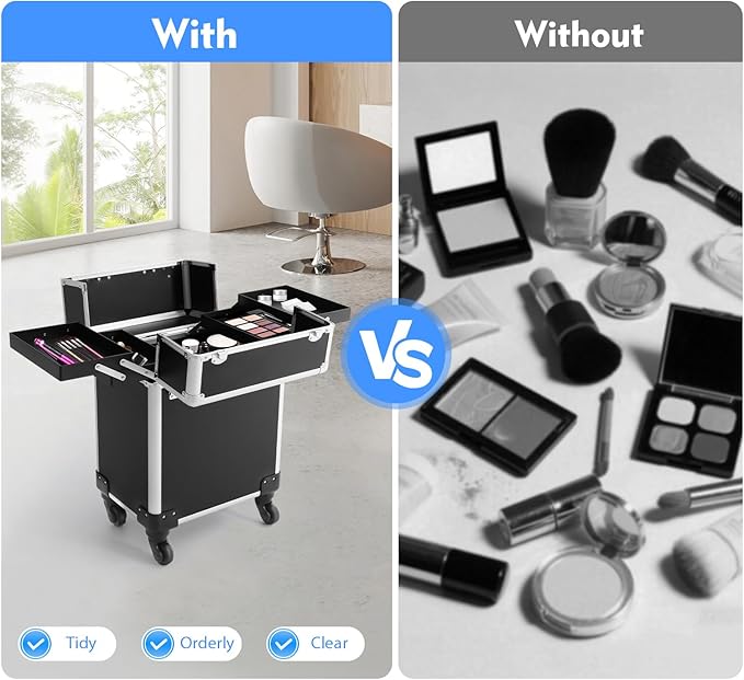 Rolling Makeup Case, Professional Cosmetic Train Case Trolley Roll Travel Box Large Capacity Salon Travel Case for Makeup Artist, Hairstylists, Nail Tech Makeup (Style 3)