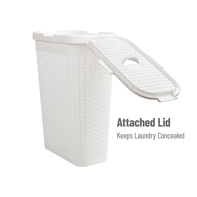 Mind Reader 40L Slim Laundry Hamper, Clothes Basket, Lid, Premium Wicker Design, Plastic, Set of 3, White