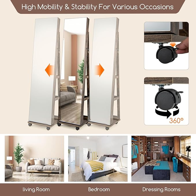 GOFLAME Jewelry Cabinet with Full Length Mirror, Lockable Jewelry Storage Organizer with Wheels, 3-Color LED Lights, Inner Mirror, Freestanding Jewelry Armoire with Rear Storage Shelves, Rustic Brown