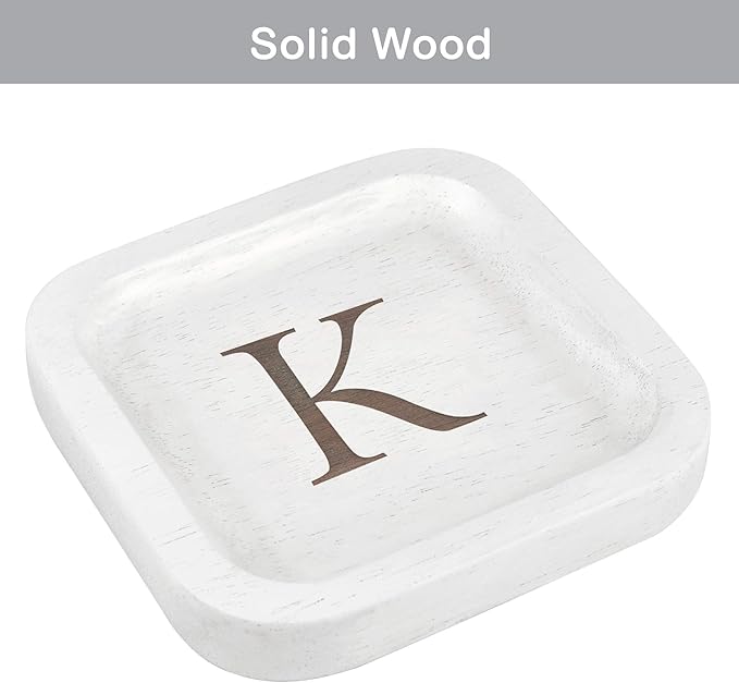 I'm Wooden Personalized Letter Catchall Valet Tray Trinket Dish Jewelry Tray Key Bowl Decorative Plate Organizing Ring Earrings Necklaces Bracelet Watch Coins Wallet Holder (6"x6" Sq White K)