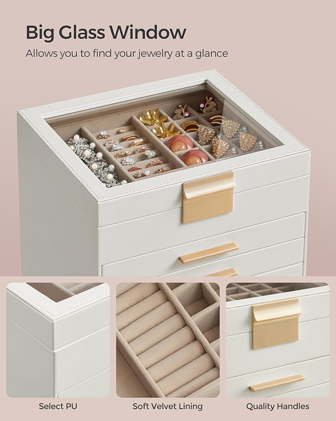 SONGMICS Jewelry Box Organizer with Glass Lid, 6-Layer Jewelry Storage, with 5 Drawers, Modern Style, 8 x 9.1 x 9 Inches, Cloud White and Gold Color UJBC176W01