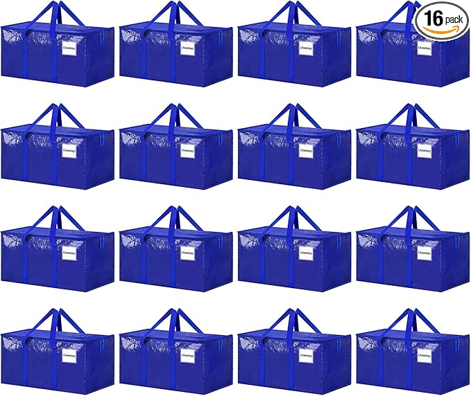 16 Pack Extra Large Heavy Duty Moving Bags, Blue Storage Bins with Lids, Reinforced Handles & Heavy-Duty Zippers Moving Boxes Storage Bags Totes for Clothes Packing, Dorms, College Supplies, Blue