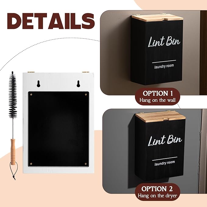 Dandat 4 Pcs Laundry Room Organization and Storage, Dryer Sheet Holder Laundry Pod Holder Scent Booster Container Magnetic Lint Bin with Scoop and Brush Wood Farmhouse Room Container(Black)