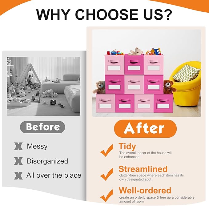 10 Pcs Fabric Storage Cubes with Labels 11 Inch Collapsible Cube Organizer Baskets with Window Cards for Shelf Nursery Clothes Book Toys Storage Bin(Pink, Rose Red)