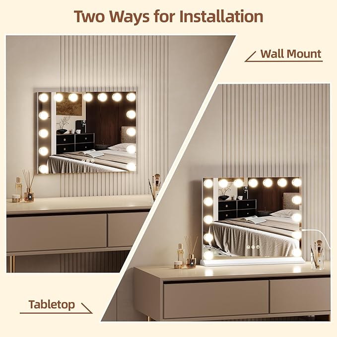 Vanity Mirror with Lights, Makeup Mirror with USB/Type-C Charging, Large Hollywood Mirrors w/ 15 LED Bulbs & 5X Magnifier, LED Mirrors for Bedroom Tabletop & Wall Mounted