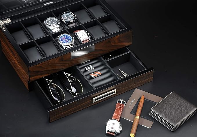 12 Slot Wooden Watch Box - Premium Walnut Men's Watch Display Case with Valet Drawer, Real Glass Window & Luxury Leather Interior