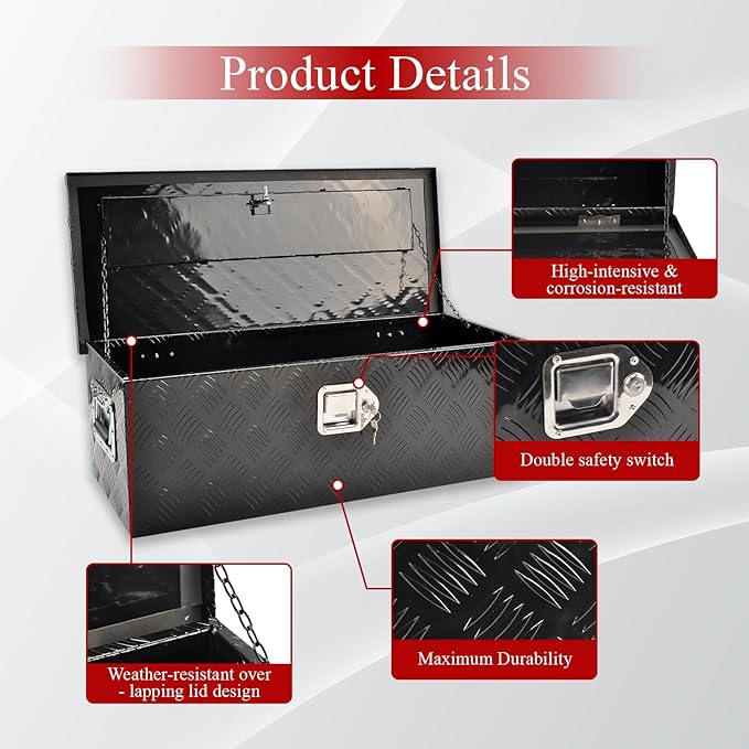 30''Inch Aluminum Truck Tool Box Truck Bed Toolbox Truck Trailer Chest Box Trailer Underbody Storage Organizer Waterproof Square Storage Organizer w/Lock & Keys Black(‎30" Lx13 Wx10 H)