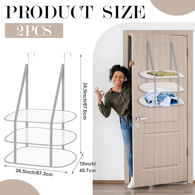 2 Pack 3 Tier Over The Door Folding Drying Rack Sweater Drying Rack 26.5" x 34.5" Flat Room Organization Dryer Racks for Laundry Perfect for Small Spaces Apartments Dorm Rooms and Bathrooms (Grey)