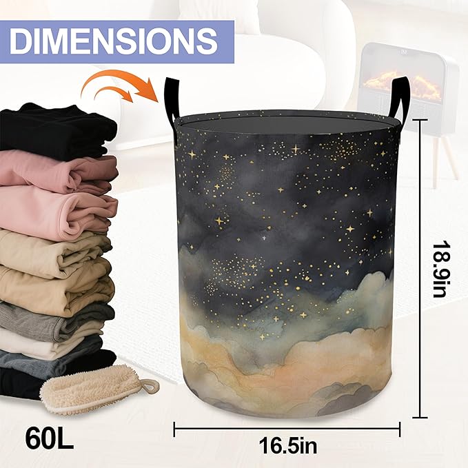 Laundry Basket,Night Sky Stars Clouds Large Canvas Fabric Lightweight Storage Hamper Organizer Dirty Clothes Collapsible Waterproof for College Dorms,Bathroom