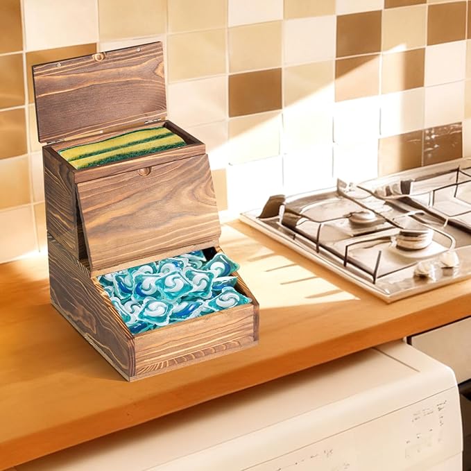 Wooden Laundry Dishwasher Pods Container,Multi-Use Dishwasher Pods Holder & dryer sheet holder, Storage with Spoons for Laundry Room & Kitchen Organization