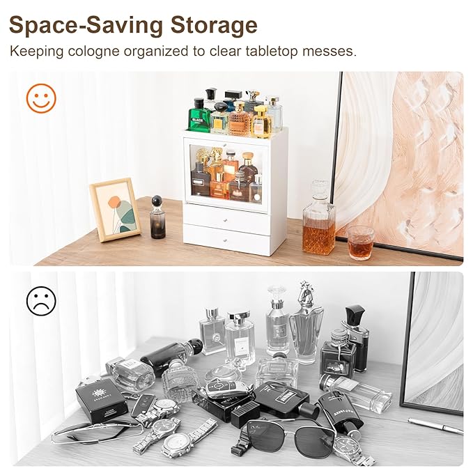 Emfogo Cologne Organizer, 4 Tier Vertical Wood Perfume Stand for Men, Large Capacity Dustproof Perfumes Organizer Cologne Stand with Double Drawer Storage, Gift for Loved ones (White)