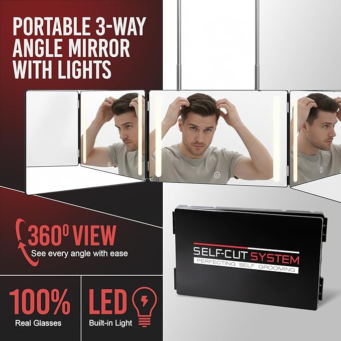 Self-Cut System 3 Way Mirror with LED Lights – Trifold Self Cut Barber Mirror for Men and Women, 360 View for Easy Haircuts, Travel Friendly - Three Way Design for Grooming and Styling