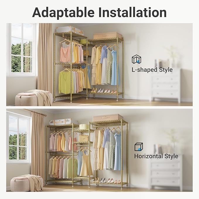 VIPEK Classic V6 Wire Garment Rack Heavy Duty Clothes Rack with 7 Adjustable Shelves & 4 Hanging Rods, Compact DIY Metal Clothing Racks 68.9" L x 15.7" W x 76.4" H, Max Load 840LBS, Gold