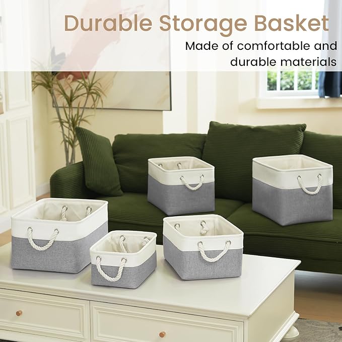 Large Storage Baskets- 16x12x12 inch Storage Bins for Shelves and Closet Organizing, Foldable Fabric Bin for Home Organization Clothes and Laundry (3-Pack, White&Gray)