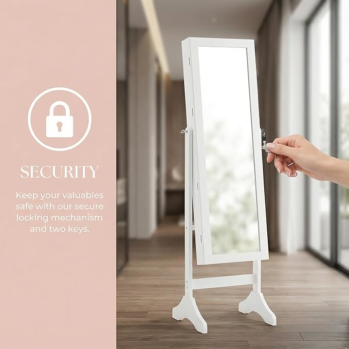 Jewelry Armoire with Full-Length Mirror, Lockable Velvet Lined Organizer with 5 Shelves, 3-Angle Adjustable Standing Mirror, 2 Keys & Bonus Pouch, Elegant White, 47.3 Inch