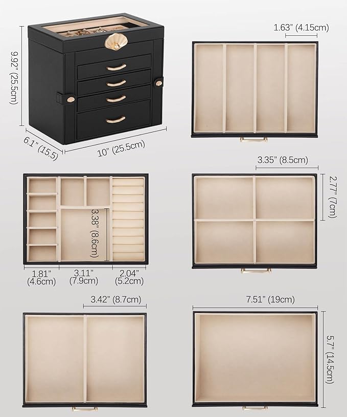 Jewelry Box with 4 Drawers: Display Organizer for Earrings Necklaces - Gifts for Girls Women (Black)