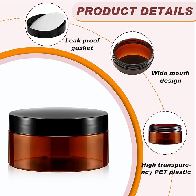 Dandat 24 Pcs 4 oz Plastic Jar Container with Lid and Label Refillable Empty Round Amber Pet Cosmetic Sample Slime Containers for Lotion, Cream, Ointments, Body Butter, Makeup, Travel Storage