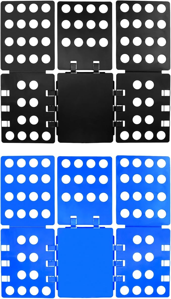 QWORK PP Composite Folding Board, 2 Pack Folding Clothes Board - Black + Blue, One-Hand Operation Laundry Folding Tool, Non-Slip Silicone Buckles, T Shirt Folder, Laundry Folders for All Garments