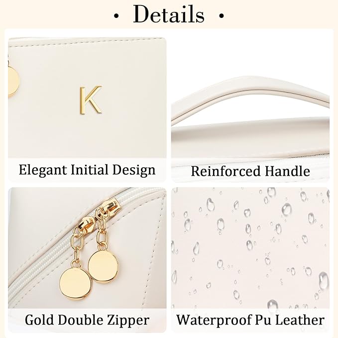 Valentine's Day Gifts for Women Teen Girl, Personalized Initial Makeup Organizer Bag Set, Open Flat Travel Cosmetic Bag With Clear Divider and Handle(Beige,K)