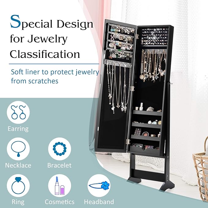GOFLAME Jewelry Cabinet, Jewelry Organizer with Full Length Mirror Door, Standing Makeup Mirror Cabinet, Freestanding Jewelry Organizer with Large Storage Capacity (Black)