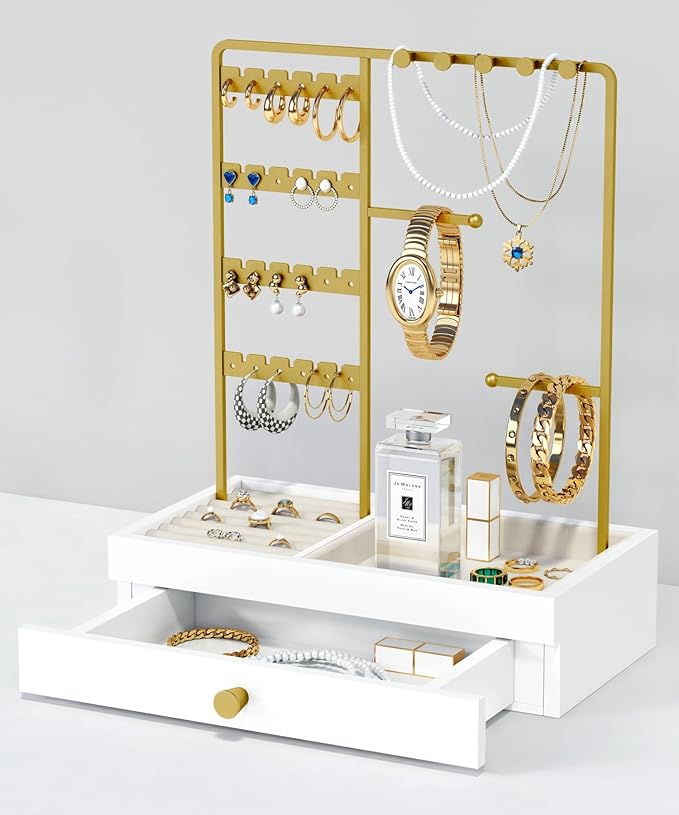 Gold Jewelry Stand Organizer Necklace Holder, Birthday Gifts for Women Girls, Small Jewelry Stand for Earrings Rings Bracelets, Velvet Jewelry Hanger Tree, Mothers Day Gifts - White and Gold