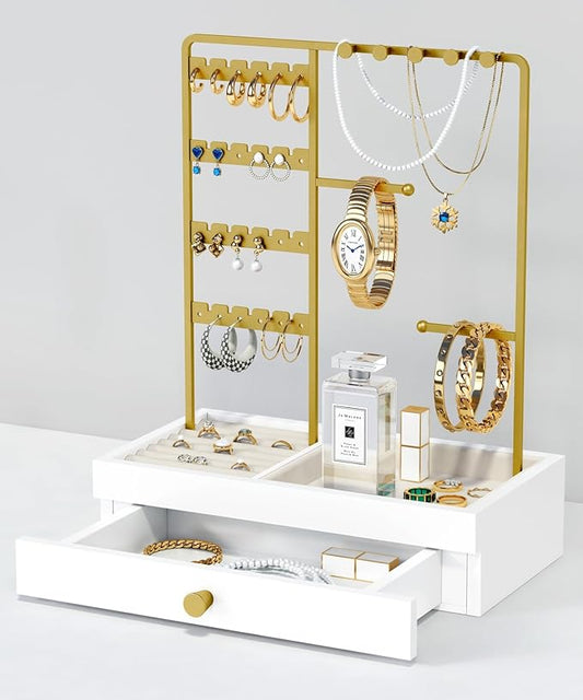 Gold Jewelry Stand Organizer Necklace Holder, Birthday Gifts for Women Girls, Small Jewelry Stand for Earrings Rings Bracelets, Velvet Jewelry Hanger Tree, Mothers Day Gifts - White and Gold