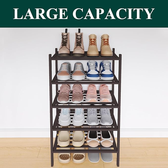 Smiry Small Bamboo Shoe Rack 5-Tier, Stackable Wooden Shoe Organizer for Entryway & Closet, Free Standing Wood Shoe Storage Shelf for Front Door & Small Spaces, Brown