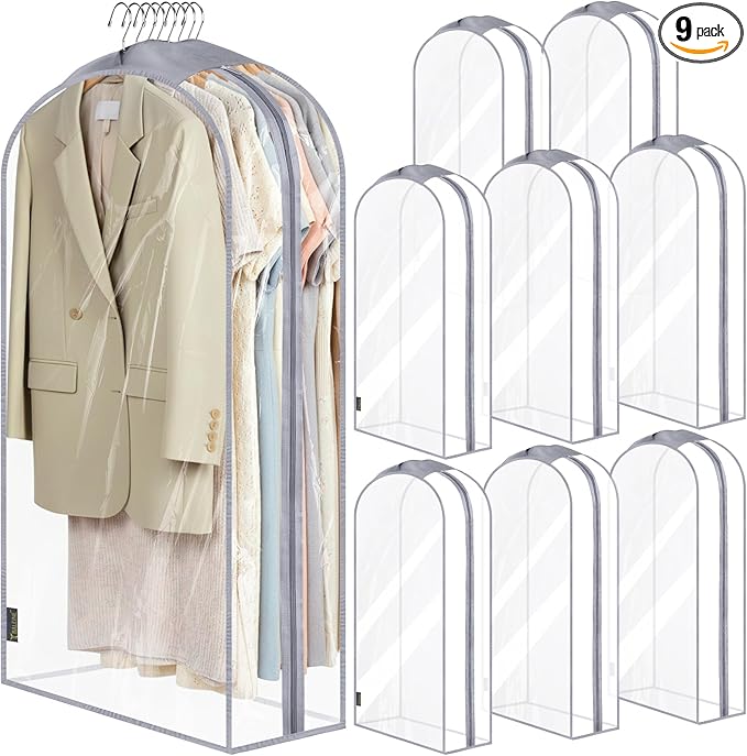 BALEINE 40'' Clear Garment Bags for Hanging Clothes, 10.5'' Wide PEVA Suit Bag for Closet Clothes Dresses Coat (Clear, 9PK)