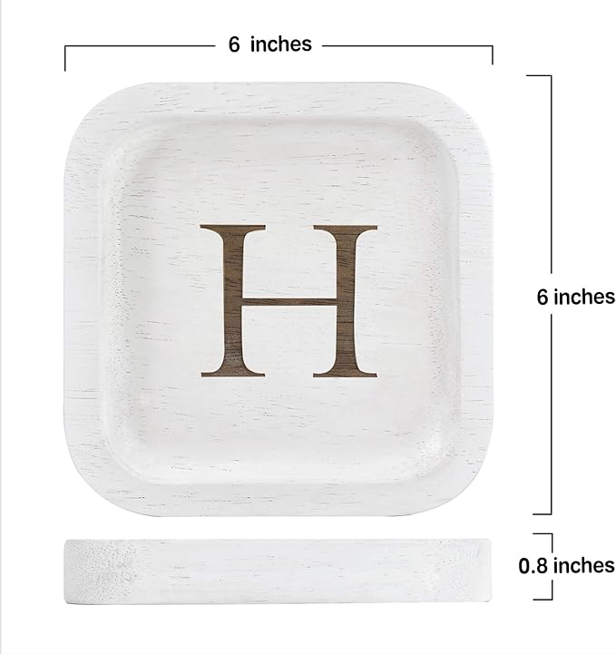 I'm Wooden Personalized Letter Catchall Valet Tray Trinket Dish Jewelry Tray Key Bowl Decorative Plate Organizing Ring Earrings Necklaces Bracelet Watch Coins Wallet Holder (6"x6" Sq White H)