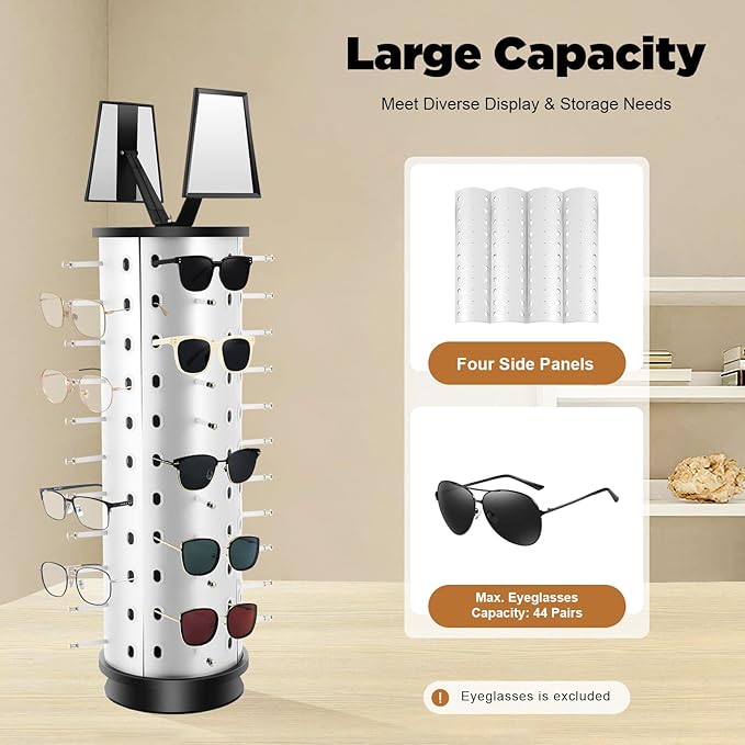 Rotating Glasses Display Stand Sunglass Holder, 44 Pairs Glasses Display Organizer with Mirror, Commercial Countertop Sunglasses Display Rack Sunglasses Holder Organizer (Round)