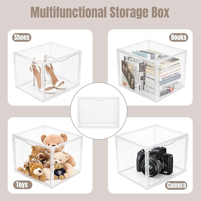 6Pack Purse Organizer for Closet Clear Acrylic Display Case Handbag Storage Organizer Box with Magnetic Door Stackable Storage Bins with Dustproof Lid for Book Toys Shoes Cosmetic Collectibles