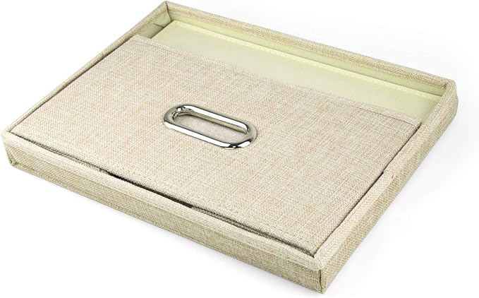 Collapsible Fabric Storage Box with Lid and Handles, Linen Storage Containers, Nursery Storage Basket for Gifts, Books, Magazines, CDs, Kids Toys, Clothes, Underwear, Makeup, 13" x 9.4" x 7", Beige