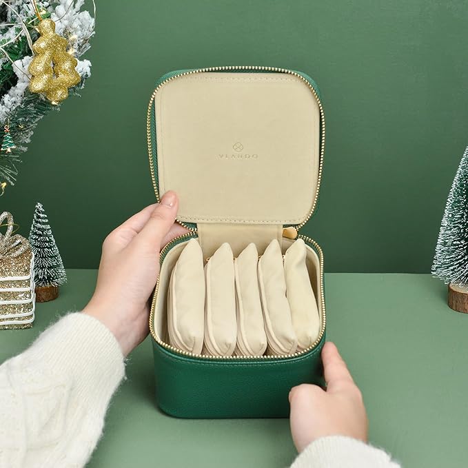Vlando Jewelry Travel Case,Travel Jewelry Organizer with Clear Velvet Jewelry Bags 6Pcs Zipper Pouch for Women Girl Christmas Wedding Gift-Green