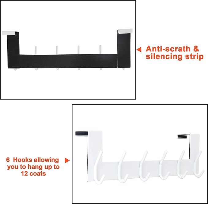 SKOLOO Over The Door Hook - 6 Hooks, No Assembly Required, Stainless Steel Door Hooks, Over Door Coat Rack for Hanging Coats Clothes Hats Robes, White, Pack of 2