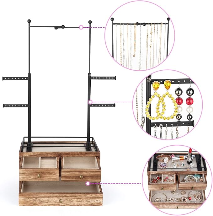 Olakee Jewelry Organizer - 2 Layer Wooden Jewelry Drawer Storage Box with 6 Tier Jewelry Tree Stand, Jewelry Display for Necklaces Bracelet Earring Ring (Carbonized Black)